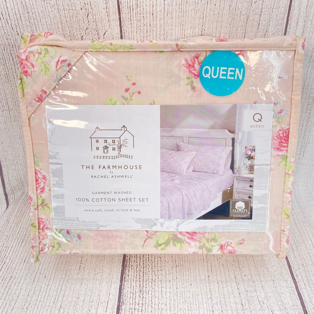 Rachel Ashwell The Farmhouse Sheet Set Queen Pink Floral 100% Cotton Cottage